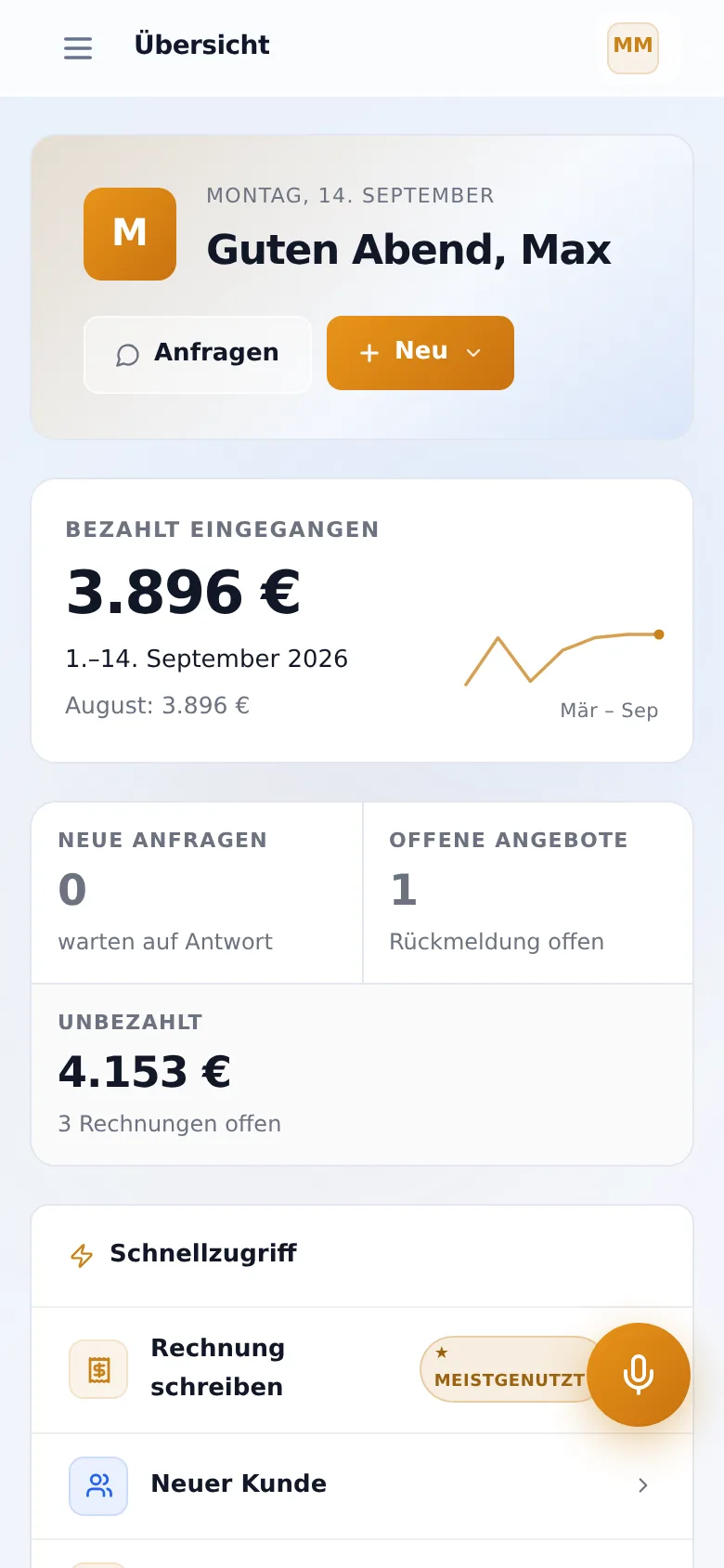 handwerkstool auf dem Handy: Übersicht mit Kasse und offenen Rechnungen