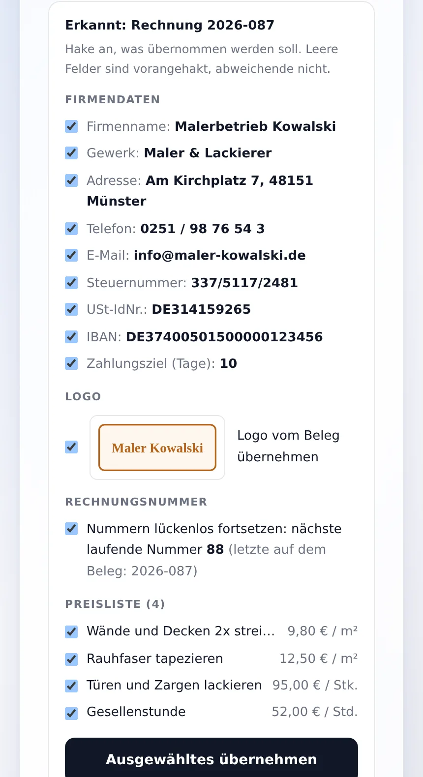 Onboarding nach dem Beleg-Upload: Firmendaten, Logo, Rechnungsnummer und Preisliste erkannt und angehakt